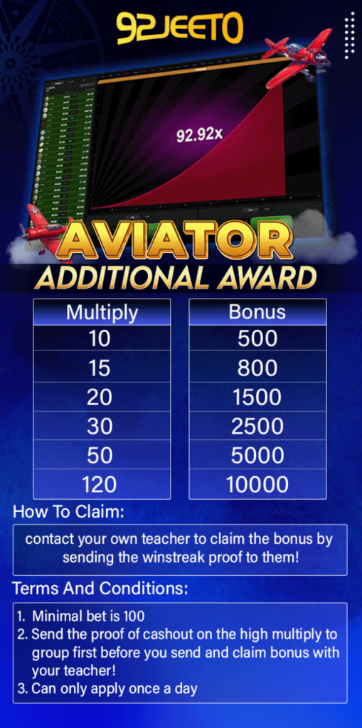 Aviator Extra Bonus promotion on 92Jeeto offering rewards up to PKR 10,000 for reaching specific multipliers in the Aviator game