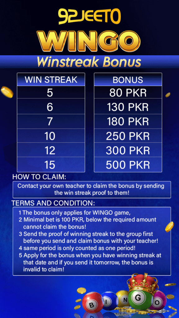 Wingo Winstreak Bonus chart by 92Jeeto showing rewards for consecutive wins with instructions on how to claim and terms of the bonus